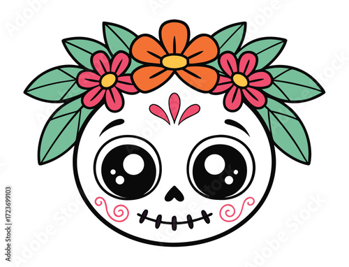Cute cartoon sugar skull with flower crown Dia de los Muertos