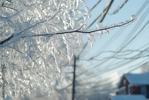 Branches covered in clear ice after a winter storm with power lines