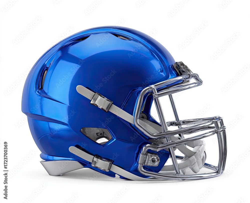 Fototapeta premium Bright blue football helmet, side view. Metal facemask