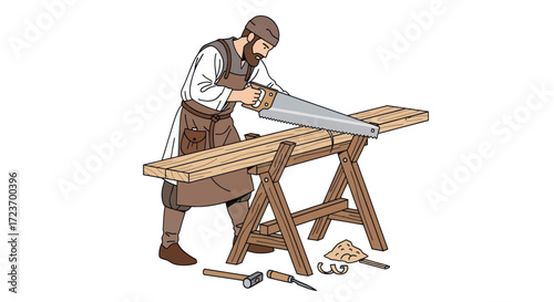 Carpenter sawing wood on a sawhorse wearing traditional clothing.