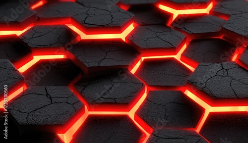 Fototapeta Naklejka Na Ścianę i Meble -  A close-up view of a textured surface composed of interlocking hexagonal shapes, highlighted by vibrant glowing red lines.