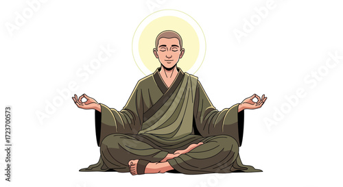 Cartoon Monk Meditating in Lotus Position with Glowing Aura.