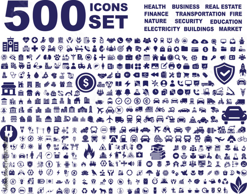 500 icons set all niches| Business, Transportation, Health, Finance, Real Estate, Electricity, Fire, Nature, Security, Education, Market, and Analytics Icons	
