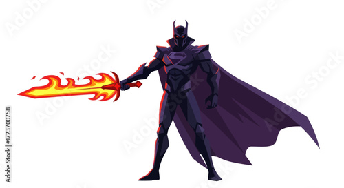 Dark Armored Fantasy Warrior with Flaming Sword and Cape.