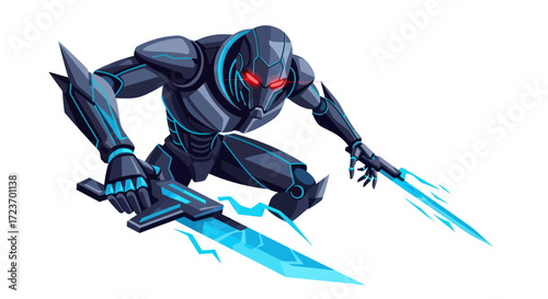 Futuristic Warrior Robot with Glowing Blue Energy Swords.