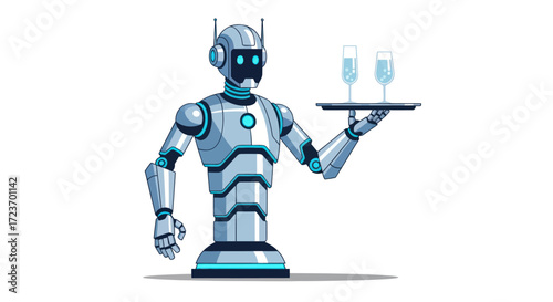 Futuristic Robot Waiter Holding Tray with Champagne Glasses.