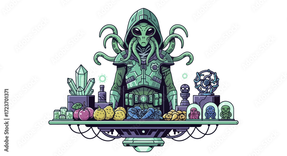 Φωτογραφία Mysterious hooded alien vendor with tentacles selling exotic goods at a futuristic space market stall