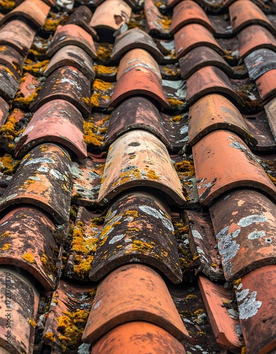 Close-up view of aged terracotta roof tiles