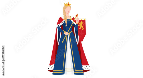 Regal King in Royal Blue Robes Holding a Scepter and Banner.