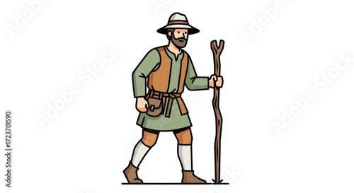 Medieval Traveler with Walking Stick and Pouch.