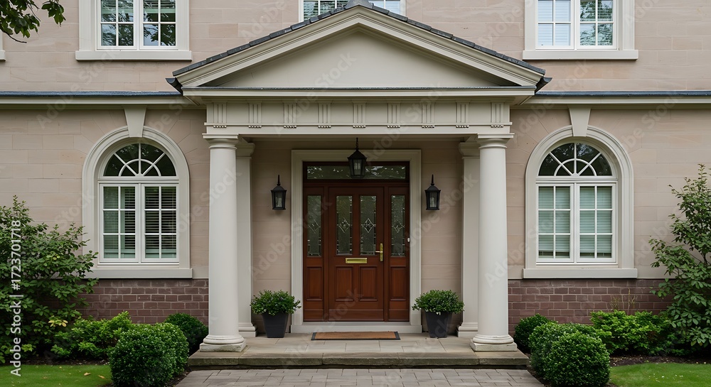 Fototapeta premium Front door and two windows with portico creating a beautiful design.