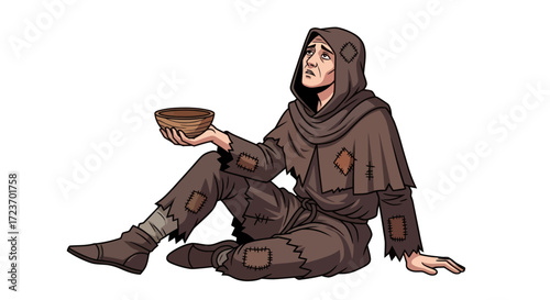 Beggar in Rags Holding Bowl Looking Upward with Hopeful Expression.