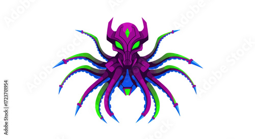 Vibrant Purple Alien Octopus Creature with Glowing Green Eyes.