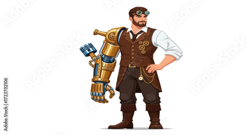 Steampunk Man with Mechanical Arm and Goggles Standing Proudly.