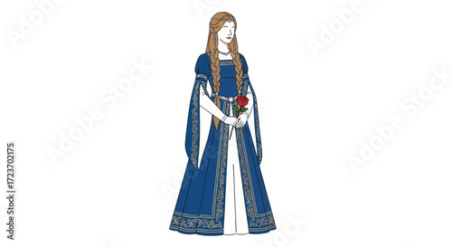 Elegant Woman in Medieval Blue Gown Holding Rose.