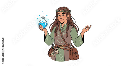 Young Female Alchemist with Potion and Magical Components.