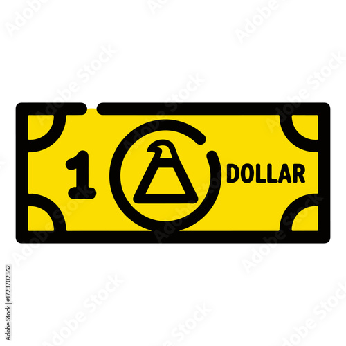 A stylized illustration of a one dollar bill, rendered in bright yellow and black, with a circular emblem at its center