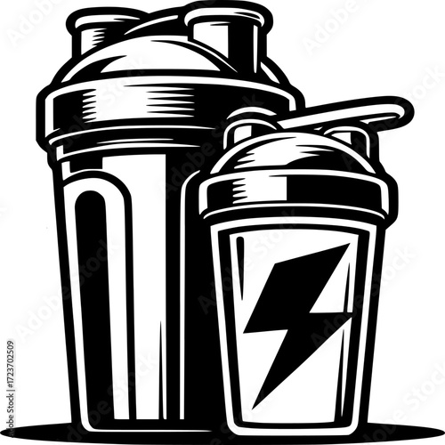 Shaker bottles: An artistic illustration of two sleek shaker bottles, designed for fitness enthusiasts.