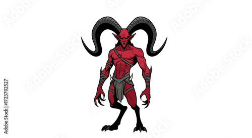 Fierce red demon with large curved black horns and a muscular physique.