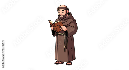 Cartoon Friar Reading Ancient Book Brown Robe.