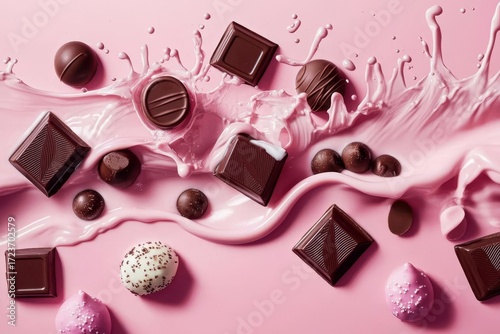 The image showcases chocolates and milk bursting forth on a pink canvas.