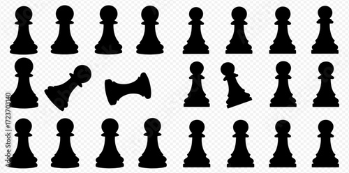 Multiple black chess pawns arranged in rows, some upright, some tilted, and one fallen.