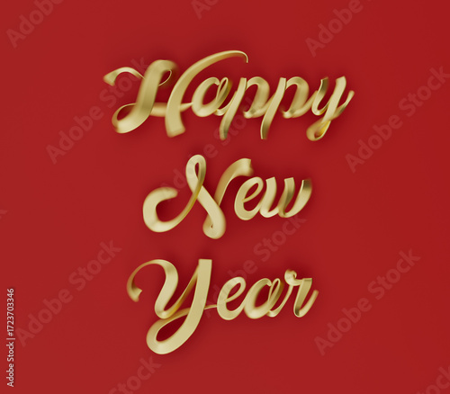 Festive Golden Happy New Year Typography on Red Backdrop. 3d rendering illustration not AI