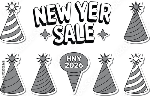 Festive New Year sale with party hats and celebratory stars, graphic design
