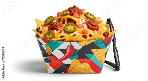 A delicious serving of loaded nachos with cheese, jalapeños, and meat, presented in a colorful, patterned container with a side of tortilla chips.
