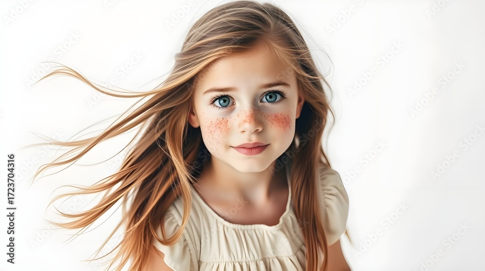 Fototapeta premium Professional photograph of an adorable freckled female with flowing hair and expressive eyes, wearing a charming dress. Full body, against a white background, soft lighting, bright lens flare.