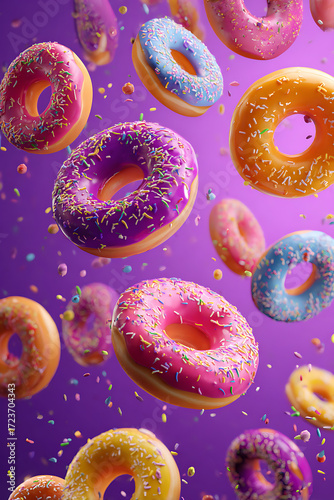 Colorful donuts with sprinkles floating against a vibrant purple background, creating a playful atmosphere