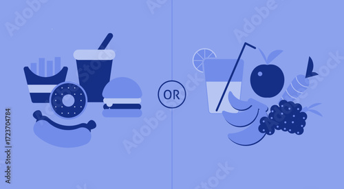 Illustration showing a choice between fast food like fries, burger, and soda, versus healthy options like fruits, vegetables, and juice, highlighting lifestyle and diet decisions.