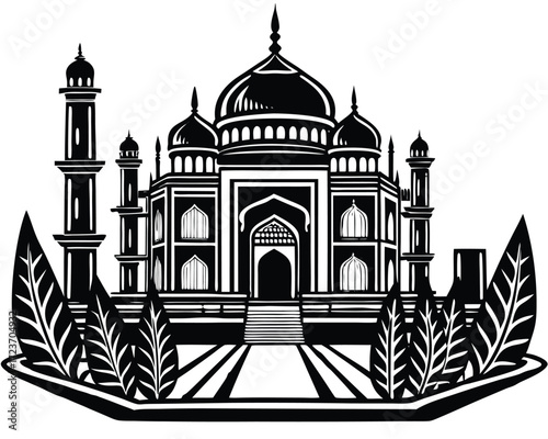 Intricate black and white line art depicting a grand mughal palace architecture