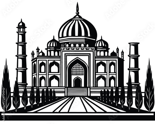 Intricate black and white line art design of a majestic mughal palace facade