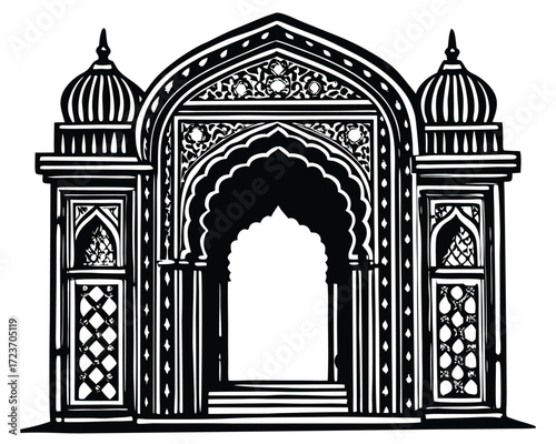 Intricate mughal architectural doorway line art illustration with ornate details and geometric patterns
