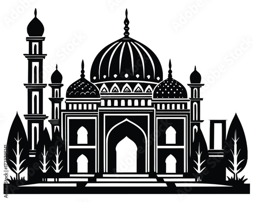 Minimalist black and white mosque silhouette for islamic architecture and religious design