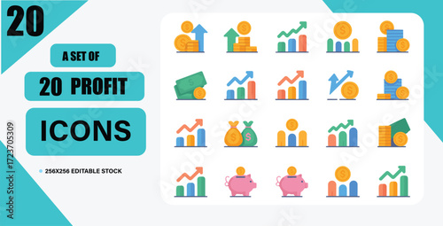 Collection of Twenty Unique Profit Icons Representing Growth and Financial Success in an Appealing Modern Style