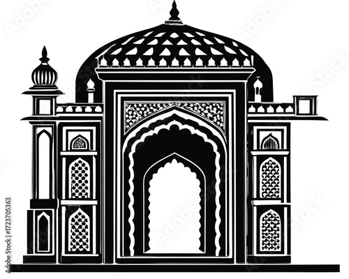 Intricate mughal architectural doorway line art illustration with detailed ornamentation and geometric patterns
