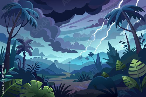 Dramatic tropical storm with lightning over lush jungle landscape, evoking adventure and the power of nature in this vibrant, stylized scene