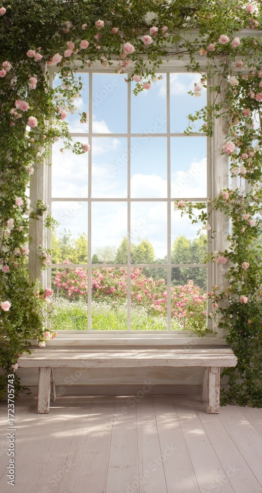 Fototapeta premium Rustic window, roses, garden view