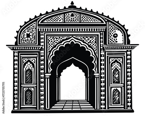 Intricate mughal architectural doorway line illustration with detailed ornamentation and archway design