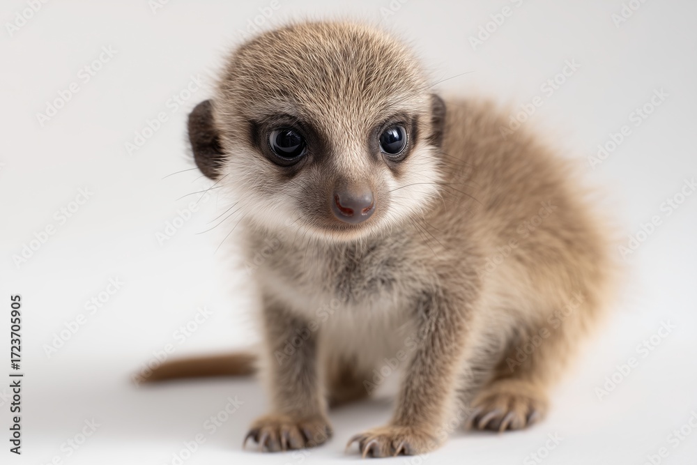 Fototapeta premium Adorable Meerkat Pup Sitting on White Background