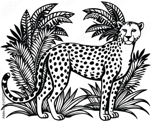 Intricate mughal inspired jungle scene featuring a detailed cheetah illustration with ornate floral elements and decorative borders
