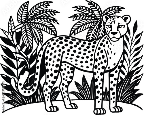 Majestic cheetah prowling through a lush jungle in traditional mughal art style with intricate outline details