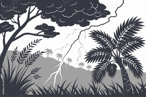 Dramatic landscape illustration featuring palm trees under a stormy sky with lightning strikes, perfect for adventure stories and tropical themes