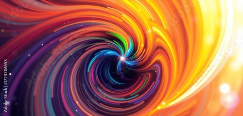 Abstract swirling energy beams radiate from a central point, creating a vibrant, colorful spiral galaxy effect,  fantasy,  background