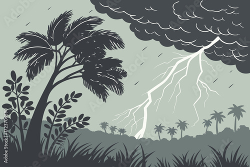 Dramatic stormy weather scene with lightning striking near palm trees creating a moody atmosphere perfect for weather reports or environmental themes