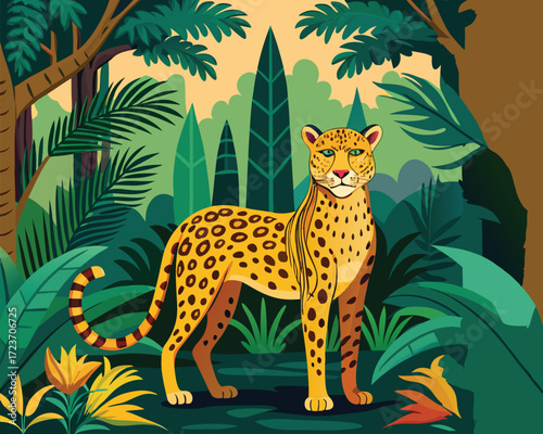Elegant mughal inspired cheetah illustration in a lush jungle setting featuring intricate outlines and vibrant colors