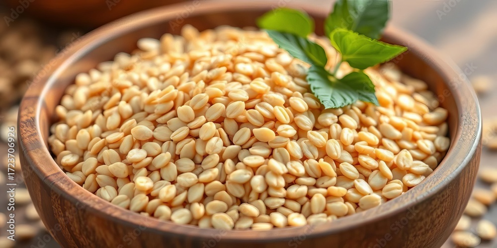Obraz premium Close-up of raw buckwheat groats in a wooden bowl, rustic, background