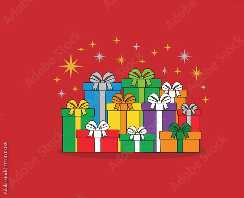 right, modern holiday art with gifts and stars, simple and joyful composition, digital vector style